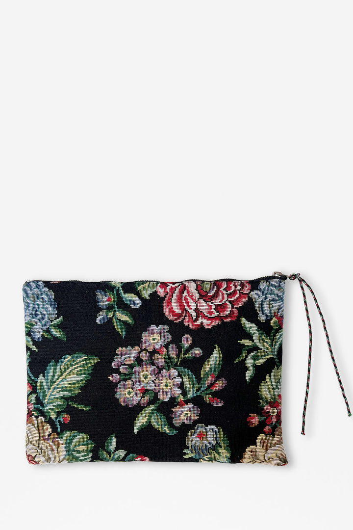 Funda de ordenador tejido jacquard flores peonias detalle