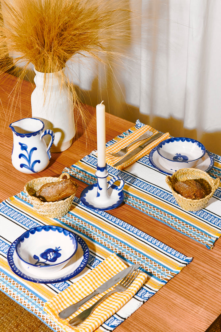 Mantel individual tejido morellano azul y amarillo