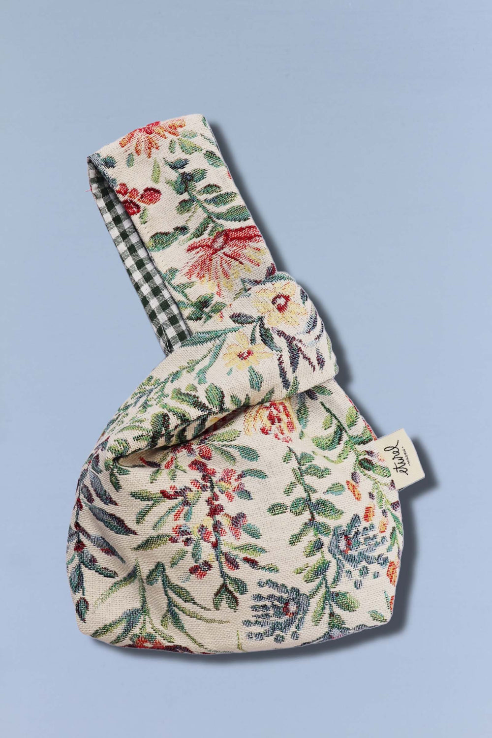 Bolso hatillo mini tejido jacquard flores verdes detalleBolso hatillo mini tejido jacquard flores verdes