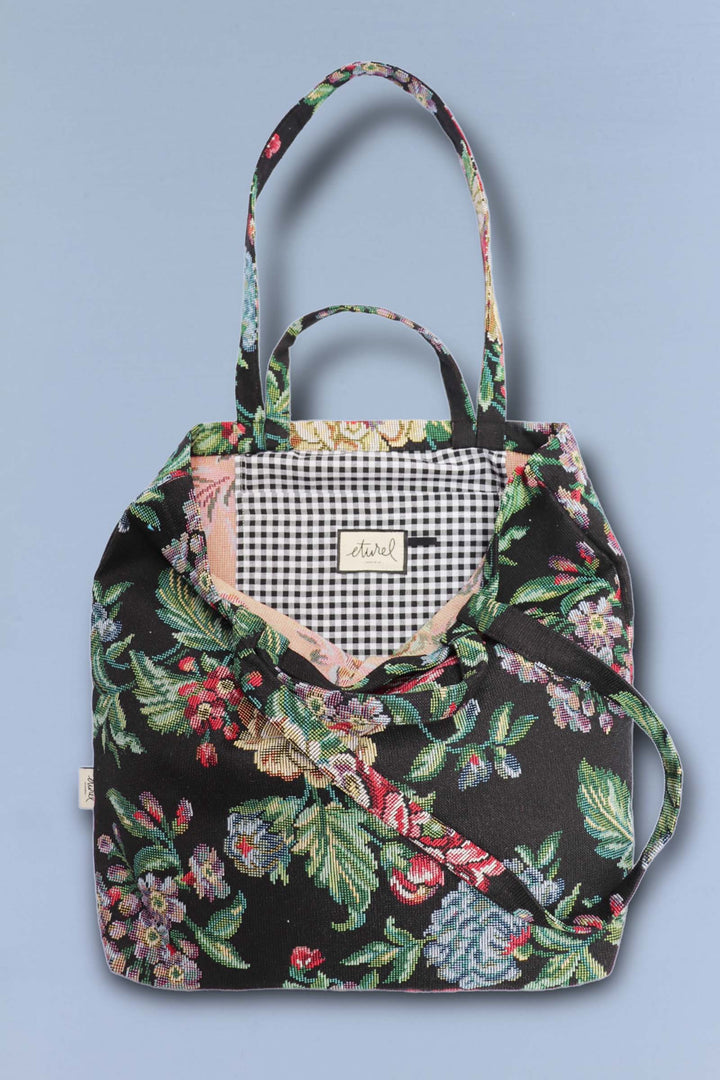 Tote Bag tejido jacquard flores negras bolsillo