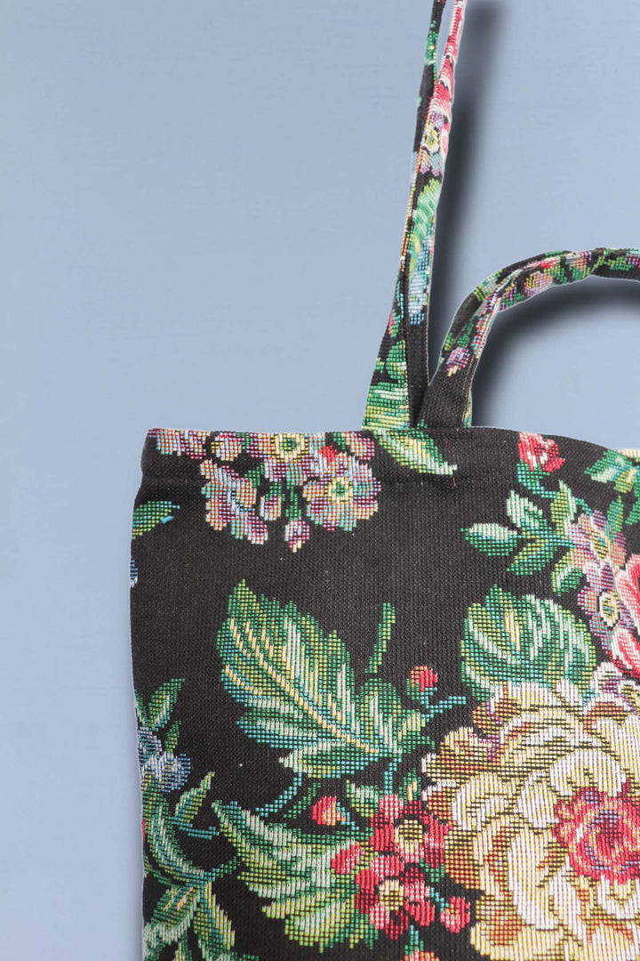 Tote Bag tejido jacquard flores negras asas