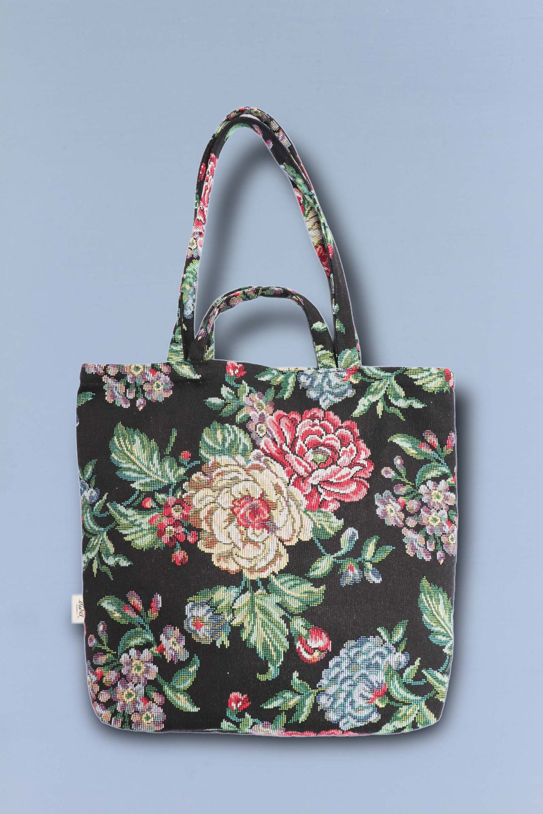 Tote Bag tejido jacquard flores negras superior