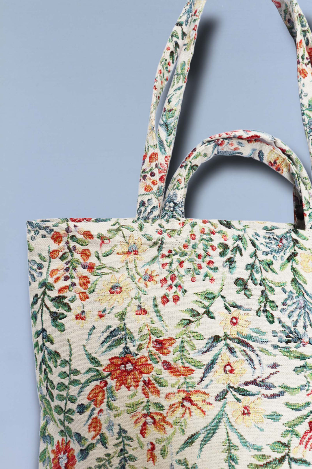 Tote Bag tejido jacquard flores verdes detalle asa