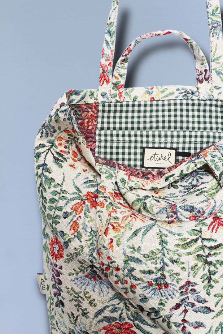 Tote Bag tejido jacquard flores verdes bolsillo