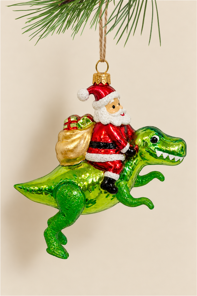 Papá Noel montando al dinosaurio colgante de cristal - Adorno Navidad