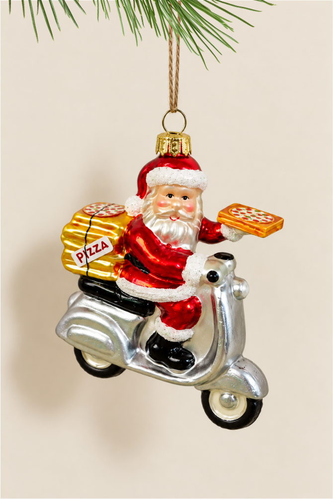 Papá Noel repartiendo pizza colgante de cristal - Adorno Navidad