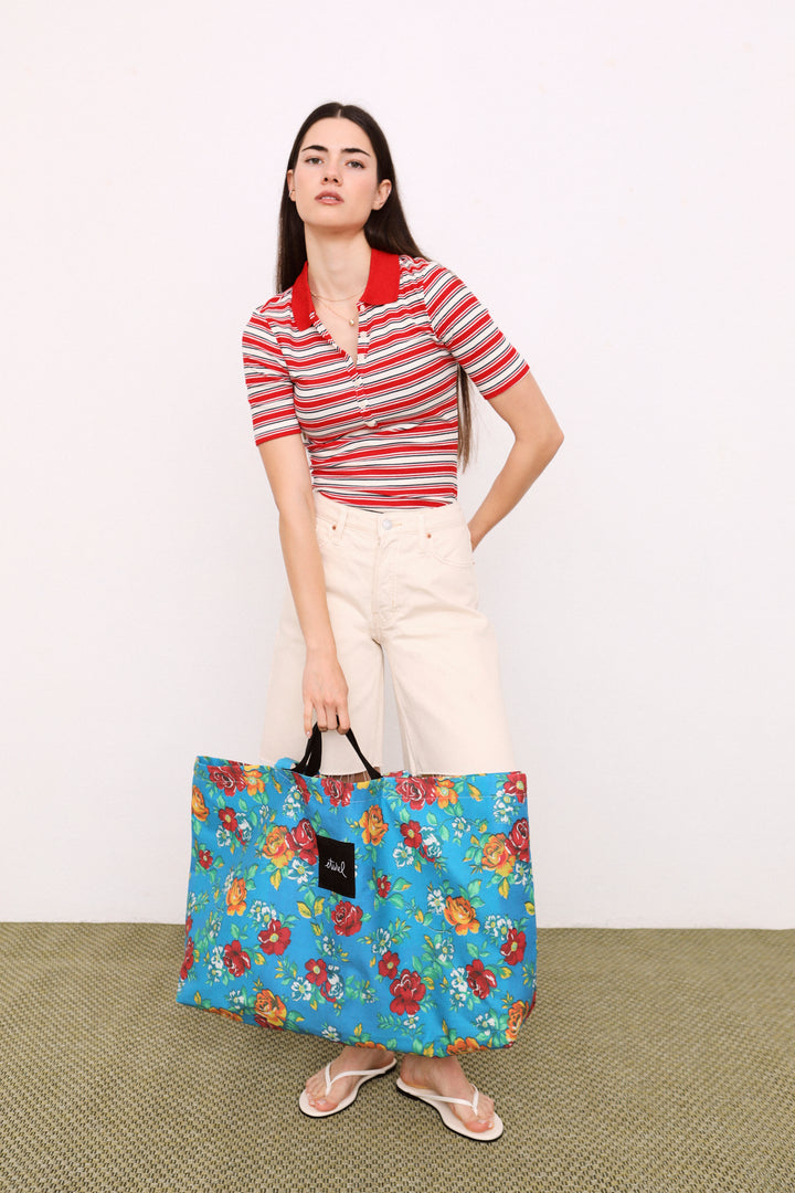 Bolso shopper maxi lona camping flores azul