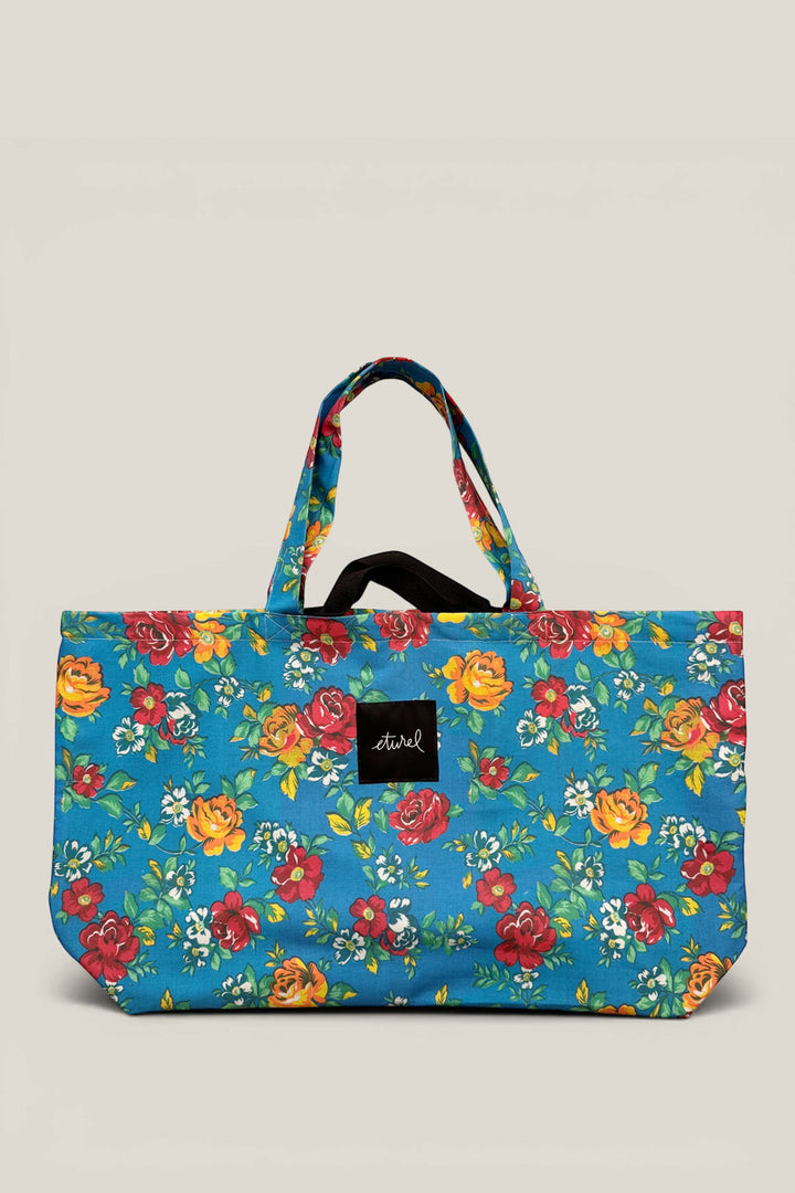 Bolso shopper maxi lona camping flores azul