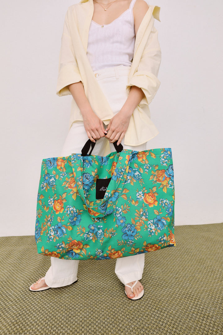 Bolso shopper maxi lona camping flores verde