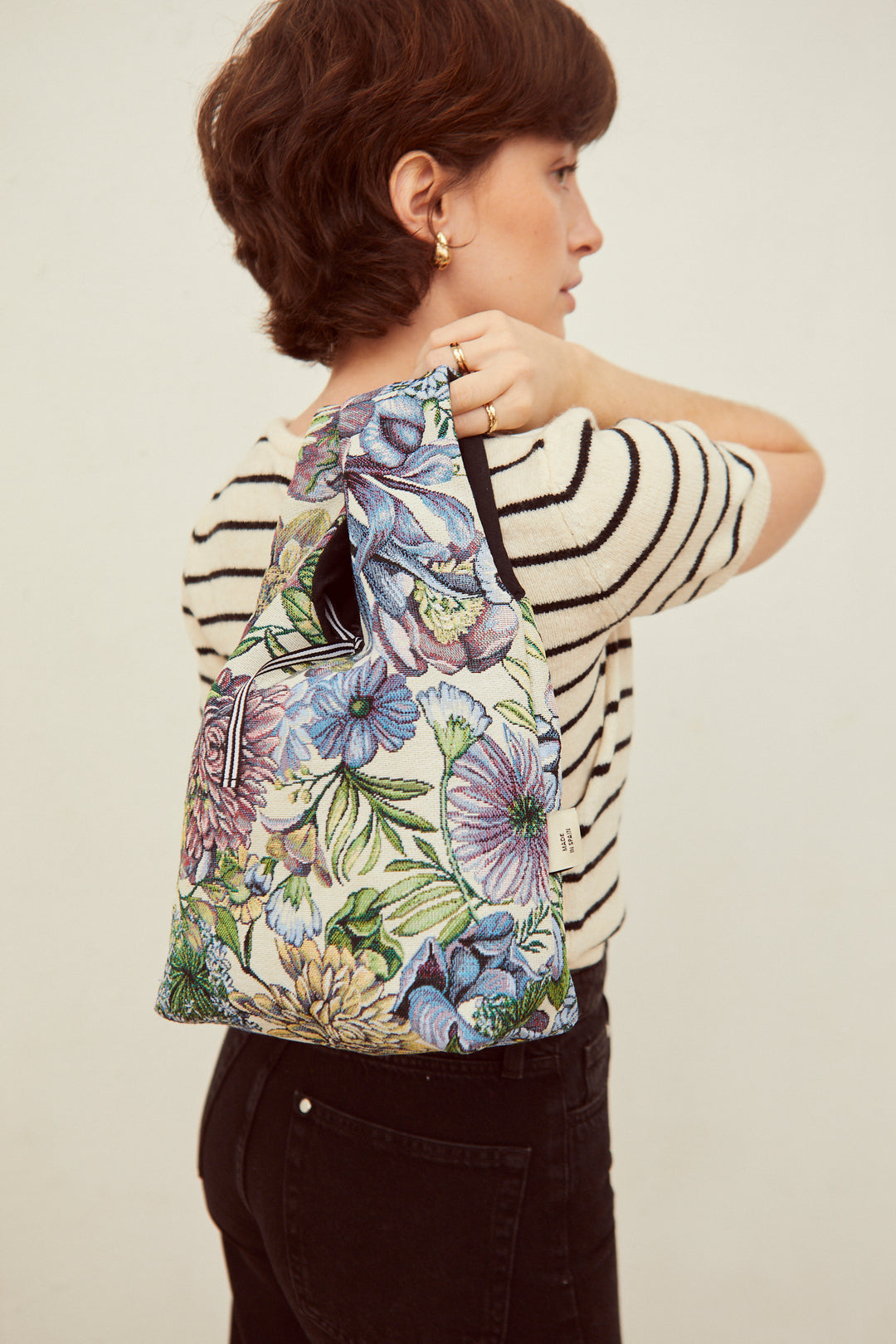 Bolso shopper mini tejido jacquard flores crisantemos azules