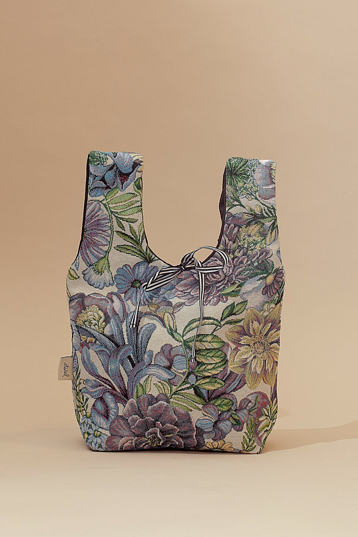 Bolso shopper mini tejido jacquard flores crisantemos azules