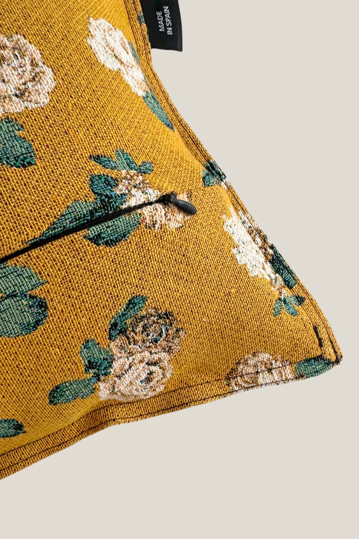 Funda cojín tejido jacquard flores rosas