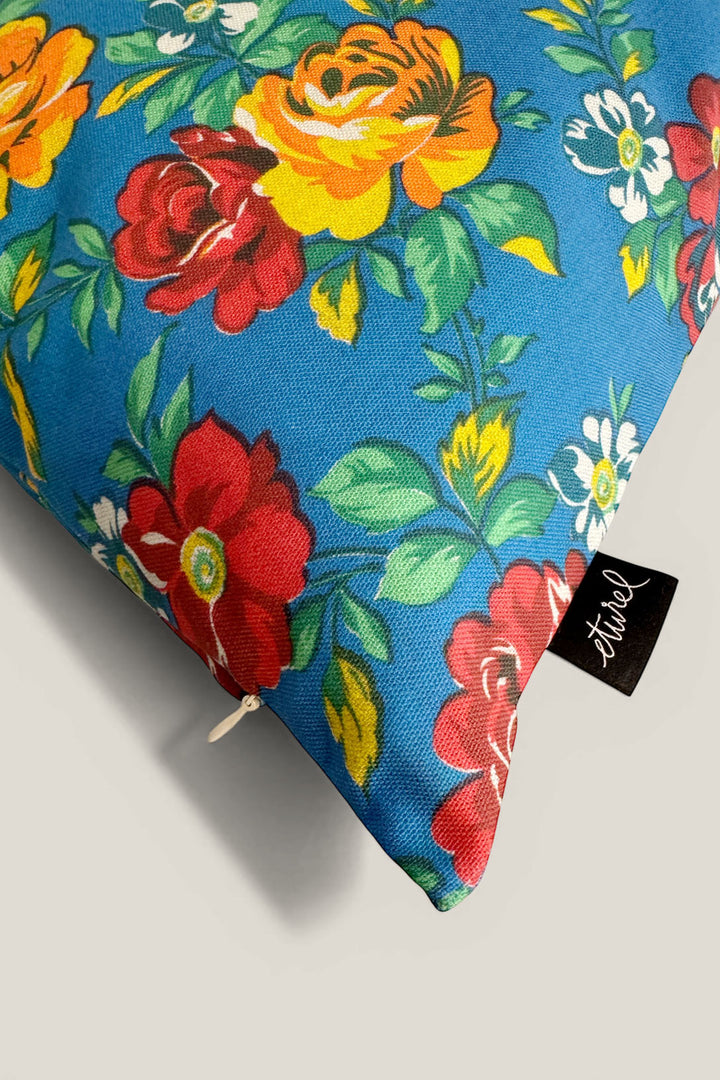 Funda cojín lona camping flores azul 50cmx50cm