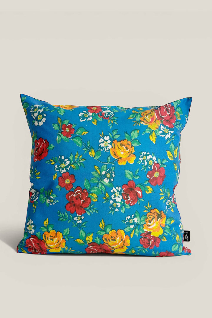 Funda cojín lona camping flores azul 50cmx50cm