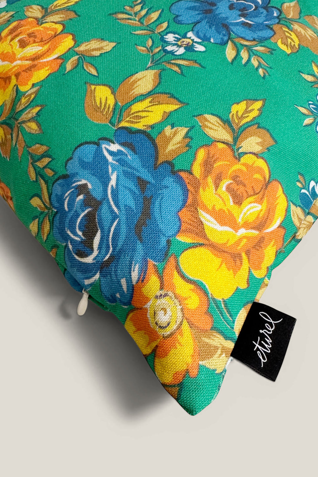 Funda cojín lona camping flores verde 50cmx50cm