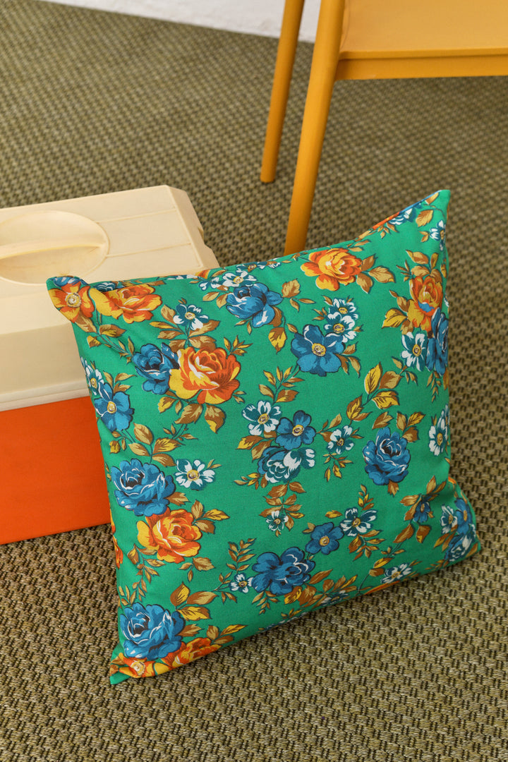 Funda cojín lona camping flores verde 50cmx50cm