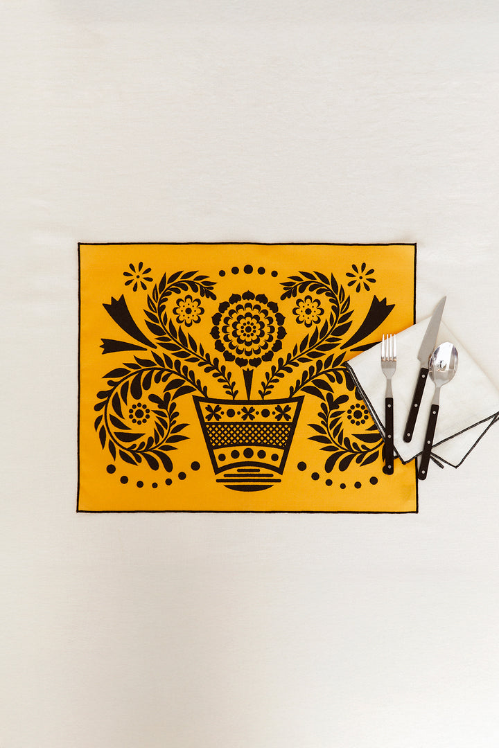 Mantel individual reversible folklore amarillo (pack de 4)