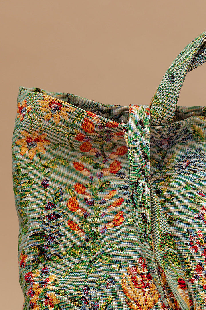 Tote bag tejido jacquard flores azaleas celeste