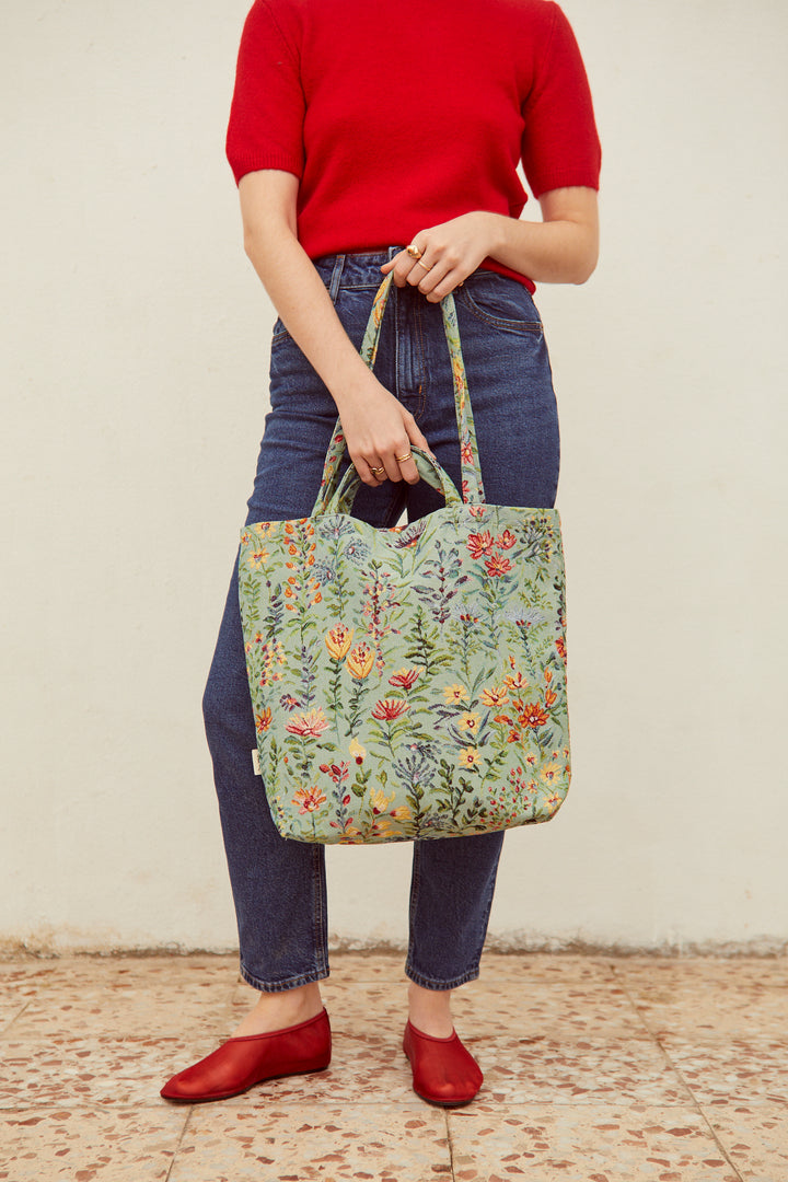 Tote bag tejido jacquard flores azaleas celeste