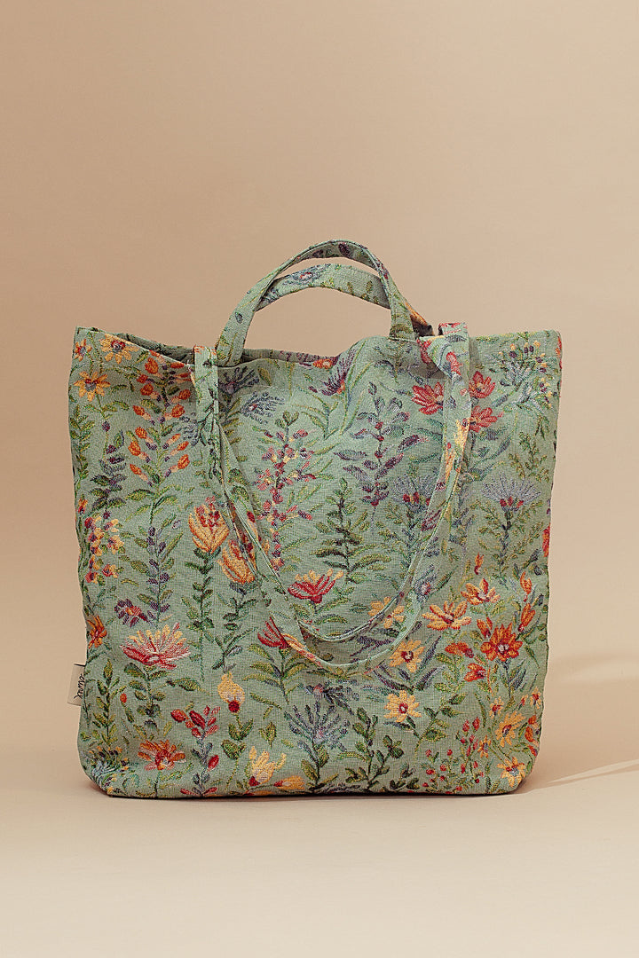 Tote bag tejido jacquard flores azaleas celeste