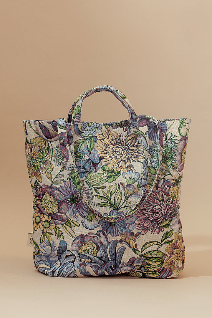 Tote bag tejido jacquard flores crisantemos azules