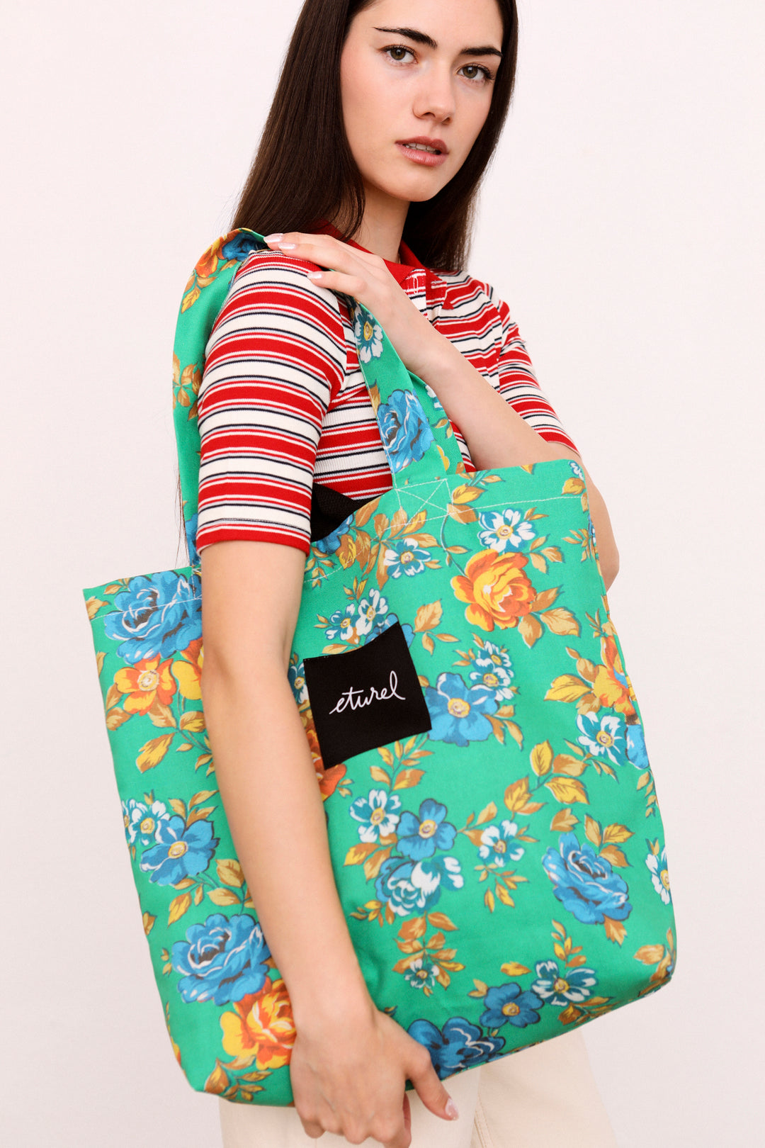 Bolso tote lona camping flores verde