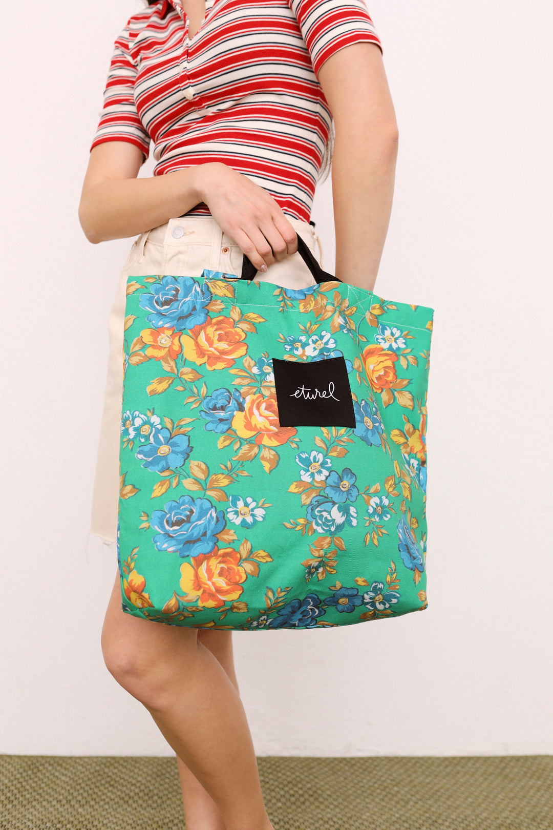 Bolso tote lona camping flores verde