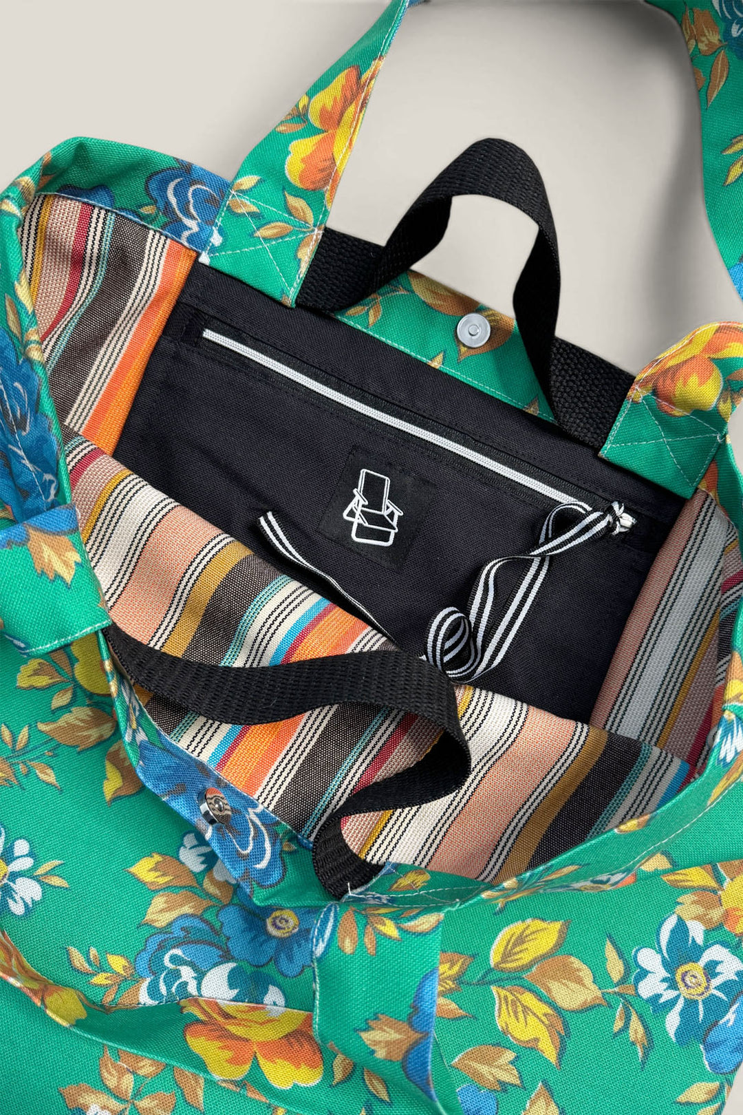 Bolso tote lona camping flores verde