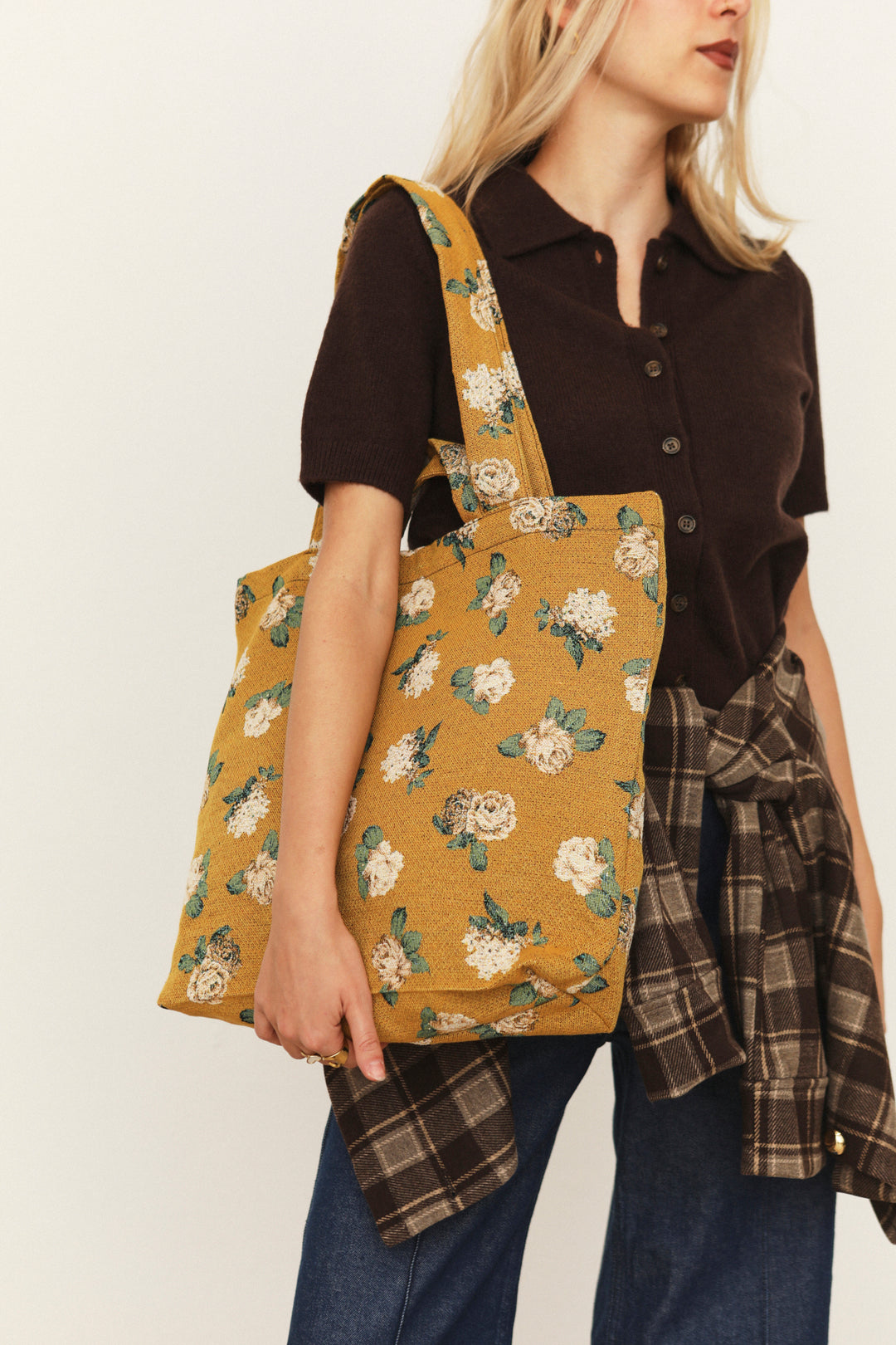 Tote bag tejido jacquard flores rosas