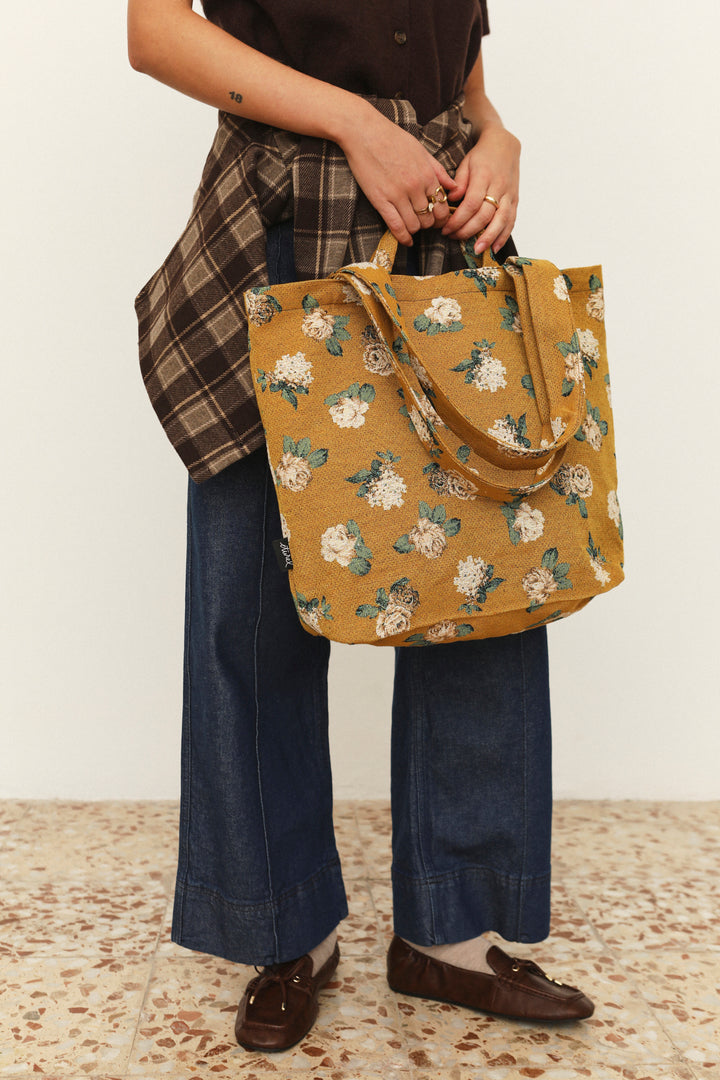 Tote bag tejido jacquard flores rosas