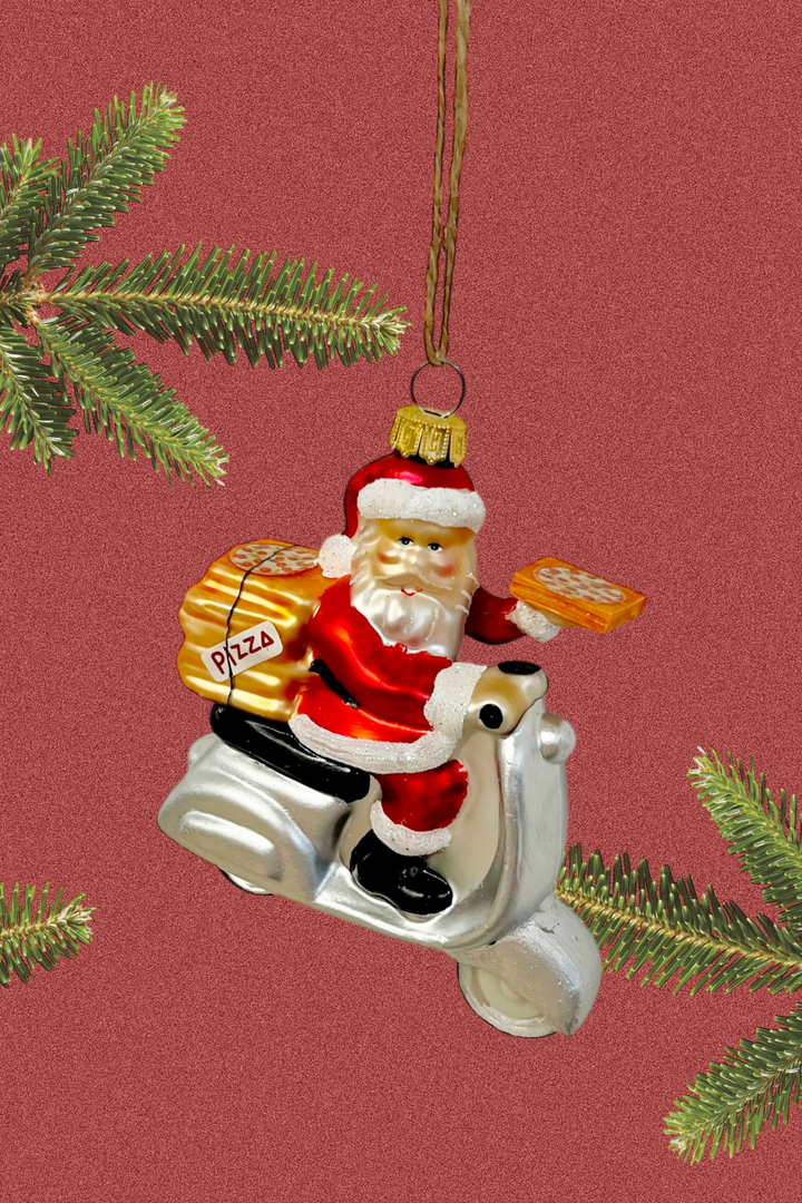 Papá Noel repartiendo pizza colgante de cristal - Adorno Navidad